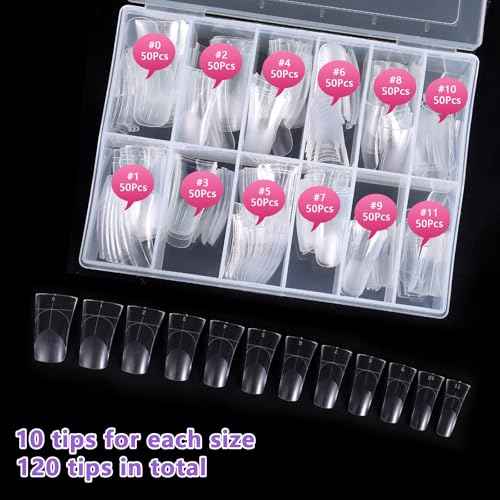 Laza 120pcs Medium Length Duck Nail Tips with Auxiliary Lines 12 Sizes Box-packed Clear Duck Nails Full Cover Wide Nail Tips French False Nail Tips for Acrylic Nails Extension Tips