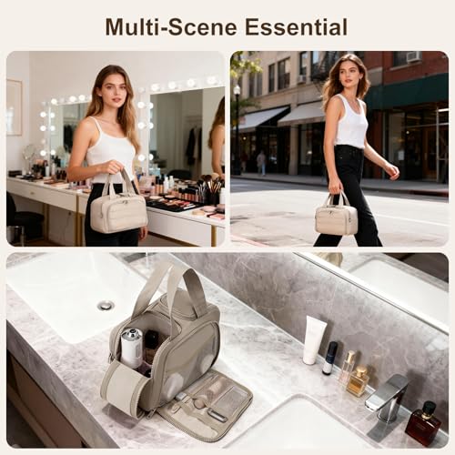 Brown Travel Makeup Bag with Hanging Hook Waterproof Organizer for Women