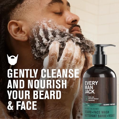 Every Man Jack Beard + Face Wash - Subtle Sea Salt Fragrance - Deep Cleans, Conditions, and Softens Your Beard and Skin Underneath - Naturally Derived with Coconut Oil, Glycerin, and Coconut - 6.7oz