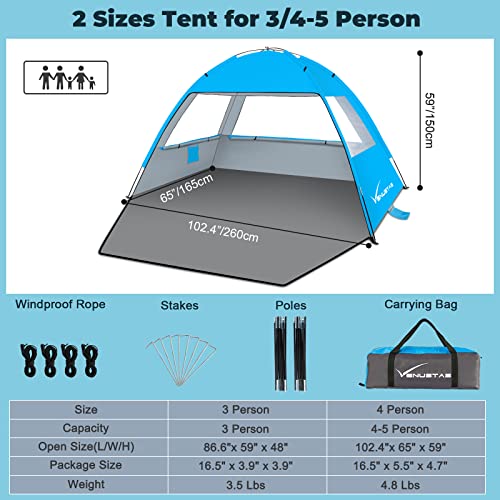 Venustas Beach Tent Sun Shelter for 3/4-5/6-7/8-10 Person, UPF 50+ UV Protection Portable Beach Canopy, Lightweight and Easy Setup Cabana