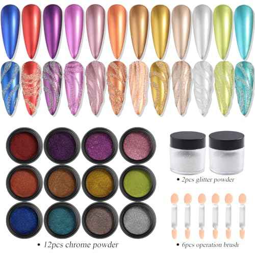 Chrome Nail Powder Set 12 Colors Gold Silver Bronze Chrome Powder for Nails Metallic Nail Glitter Red Green Blue Mirror Rub Pigment with 2PCS Extra Fine White Sugar Powder Nail Design