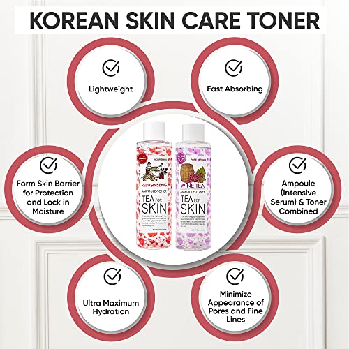 Korean Toner for Face, Wine Tea & Red Ginseng Essence Toner 2pcs Set, Hydrating Toner Korean, Alcohol Free, for Acne, Oily, Combination or Dry Skin, Low pH Balancing & Pore Minimizing Toners for Women