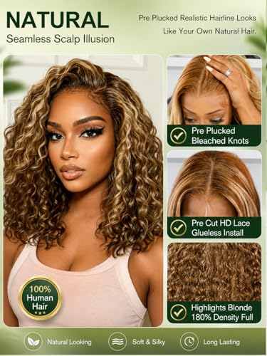 KLAIYI Blonde Bob Water Wave Glueless Lace Front Wig 10inch
