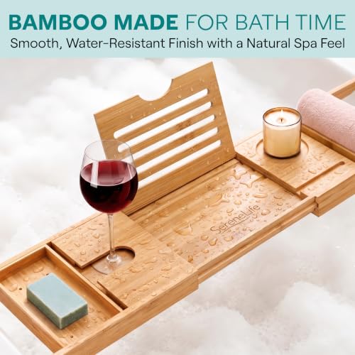 Bamboo Bath Caddy Tray with Adjustable Arms & Wine Glass Holder
