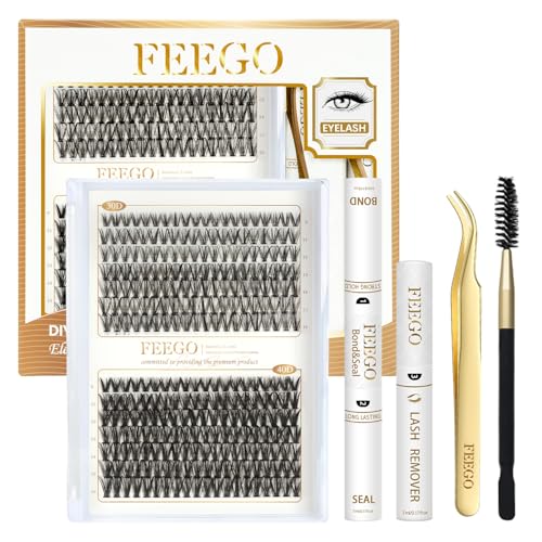 FEEGO Charming Kits 30D+40D D Fluffy Eyelash Extensions Kit, 280pcs Lash Clusters Wispy 9-16mm Applicator for Beginners, Individual Lashes, Lash Bond, Seal Glue, Remover (3040D Charming Kit)