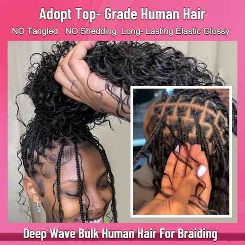 Curly Human Hair for Boho Braids Bohemian Deep Wave Bulk 100% Human Hair for Braiding Wet and Wavy Human Hair for Boho Knotless Braids No Weft 2 Bundles 100g Hair Extensions Natural Color 22 Inch