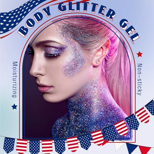 HOSAILY Red White and Blue Roll-On Body Glitter Gel for 4th of July