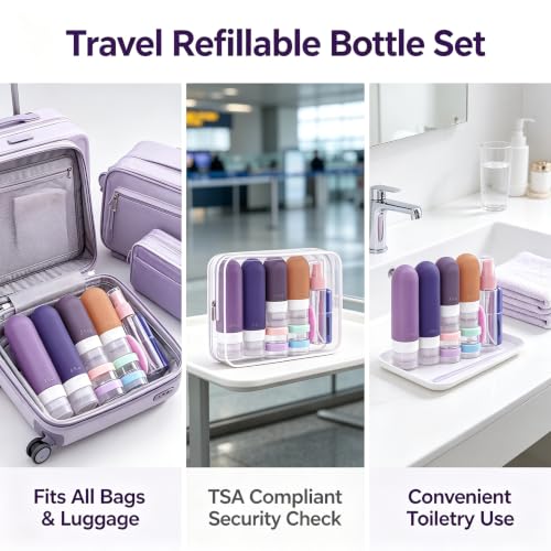 Purple Travel Bottles Set 24-Pack TSA Approved Leakproof Silicone Toiletry Containers