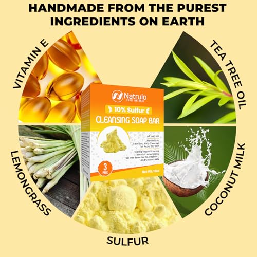 10% Sulfur Soap Cleansing Bar for Face & Body ? All Natural Sulfur Facial Cleanser for Acne, Oily Skin ? Skincare Blend of Lemongrass, Tea Tree Essential Oil, Vitamin E, Coconut Milk ? Sulfur Soap Bar
