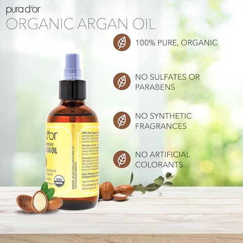 PURA D'OR 4 Oz Organic Moroccan Argan Oil ? 100% Pure Cold-Pressed Virgin Grade ? Lightweight Moisturizer for Skin, Face, Body & Hair ? Helps Dry Skin, Scalp Care, Split Ends, Nails & Cuticles