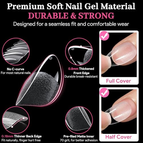 Short Almond Nail Tips - 240 PCS, 15 Sizes, Pre-Matte Clear Press On