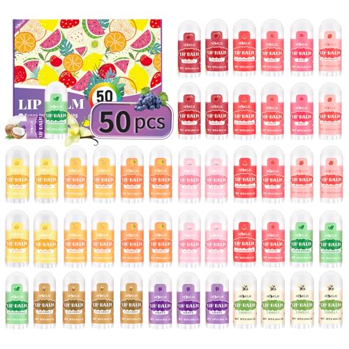Mini Lip Balm 50 Pack, Natural Lip Balms with Vitamin E and Coconut Oil. Moisturizes for Dry Lips, Perfect for Christmas Gifts, Party Favors, Gift Bags and Small Gifts-13 Flavors