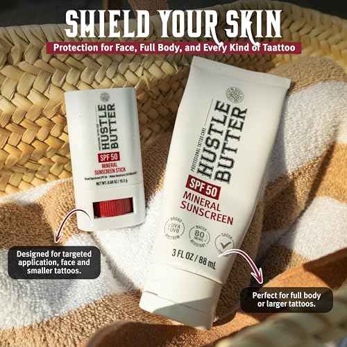 Hustle Butter Tattoo Aftercare Sunscreen Stick - Tattoo Sunscreen Stick, Fade Protection SPF 50, Hydrating with Shea Butter & Coconut Oil, TSA-Friendly, Water Resistant, Non-Greasy, 0.68 oz