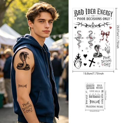 Black Temporary Tattoos - 13 Sheets Waterproof Gothic Designs
