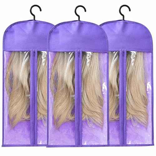 3-PCS Wig Storage Bags with Hangers ? Premium Hair Extension Organizer for Multiple Wigs, 60cm x 30cm Dust-Proof Closet Savers (Purple)
