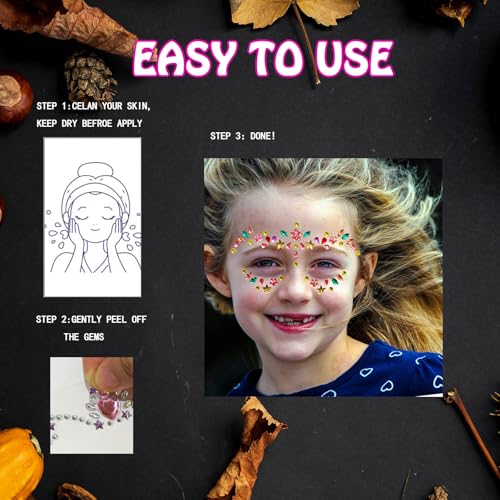 Kids Festival Face Jewels Gems ? 4 Pack Sparkly Face Stickers & Crystal Temporary Tattoos ? Fun Rhinestone Makeup for Girls for Halloween, Birthday, Christmas & Dress-Up Play