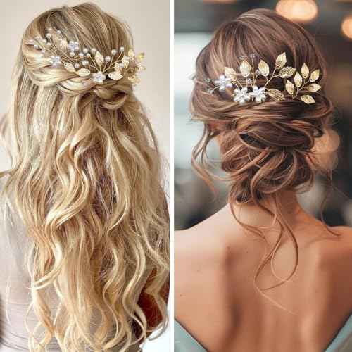 6 Pieces Bridal Wedding Hair Pins Gold Leaf Hair Pins Clips Crystal Pearl Flower Headpiece Vintage Wedding Hair Accessories for Brides Bridesmaids Women Girls