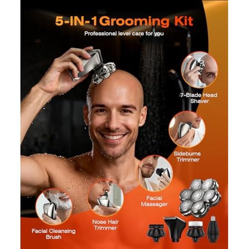 7D Head Shavers for Bald Men, IPX7 Waterproof Wet or Dry Electric Razor for Men/Women, 5-in-1 Detachable Head Shaver, Grooming Kit, LED Display/Type-C Charge, Travel-Friendly, Portable
