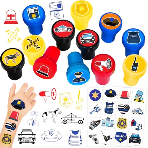 36PCS Police Party Favors - 24PCS Pre-Cut Temporary Tattoos & 12PCS Stamps - Ideal Police Officers Cops Themed Birthday Card Decorations Supplies Goodie Bag Kids Gifts Classroom Rewards Prizes