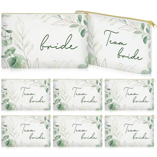 7 Pcs Team Bride Makeup Bags - Sage Green Canvas with Golden Zippers