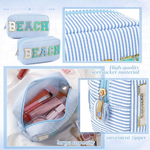Sanwuta 6 Pack Seersucker Beach Makeup Bags with Chenille Letters
