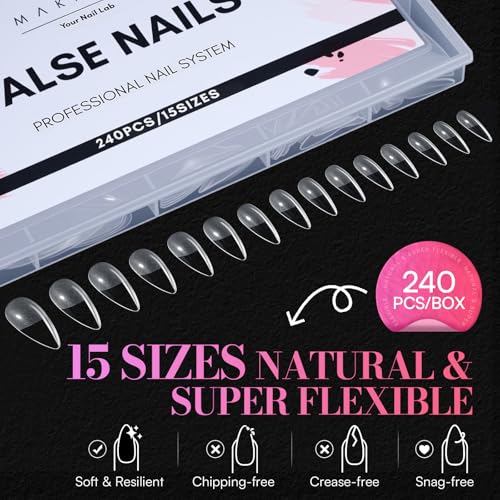 Makartt Almondetto Nail Tips - 240PCS Clear Medium Full Cover