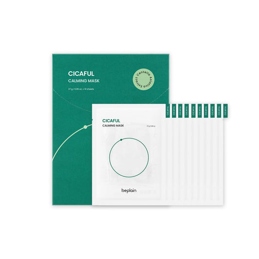 [Beplain] Cicaful Calming Facial Mask (Pack of 10) | Acne Caring Vegan Facial Sheet Mask | Centella Asiatica Infused to Boost Relaxing Effect| Korean skin care beauty | For sensitive and dry skin