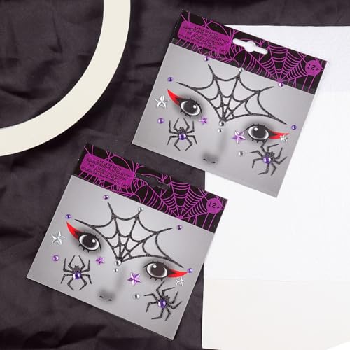 Halloween Face Stickers Glitter Spider Face Gems Face Jewels Self-Adhesive Spider Web Temporary Tattoos Stickers for Face Eyes Halloween Makeup Cosplay Party Supplies 2Pcs