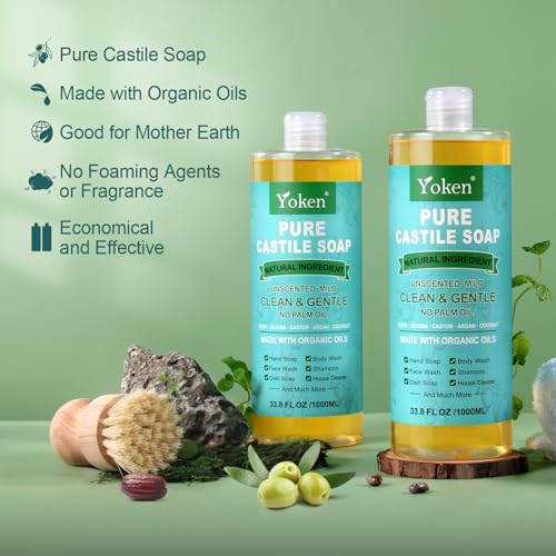 Yoken Pure Castile Soap Liquid Unscented 67 fl oz Castile Liquid Soap Made With Organic Oil, Clean & Gentle, No Palm Oil,Vegan, Natural Castile Soap for Face Body Wash, Hand Soap, Dishes Multi-purpose