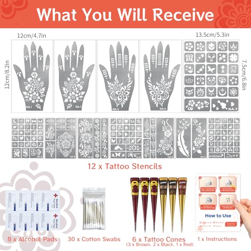 136 PCS Henna Tattoo Kit, Hena Tattoos Kit for Face Body Art Painting for Women Men Adult, Henna Tattoo Stencils with 6 Tattoo Cones 3 Colors for Festivals Wedding Party