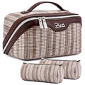 BOYATU Travel Makeup Bag for Women: Large Capacity Open Flat Make up Bag Set of 3 - Vegan Leather Cosmetic Bag with Compartments - Waterproof Toiletry Bag with Handle & Divider(I-5-Brown)
