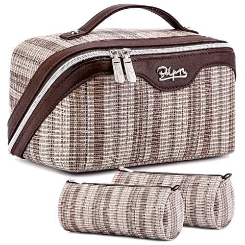 BOYATU Travel Makeup Bag for Women: Large Capacity Open Flat Make up Bag Set of 3 - Vegan Leather Cosmetic Bag with Compartments - Waterproof Toiletry Bag with Handle & Divider(I-5-Brown)