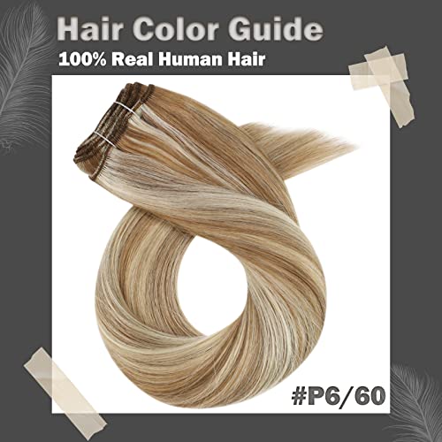 Moresoo Sew in Hair Extensions Real Human Hair Blonde Highlights Remy Weft Human Hair Extensions Medium Brown with Blonde Sew in Weft Hair Extensions Human Hair 18 Inch 100g