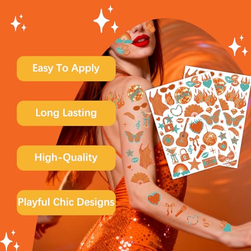 Orange Showgirl Temporary Tattoos - 2 PCS Iridescent Showgirl Body Stickers for Bachelorette, Girls¡¯ Night, Birthday, Showgirl Theme Decorations
