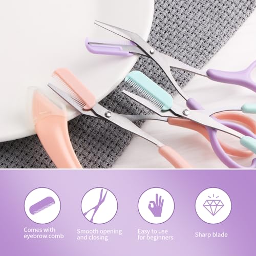 Eyebrow Scissors with Razor & Comb Set - Non-Slip Grip, Pink/Green/Purple