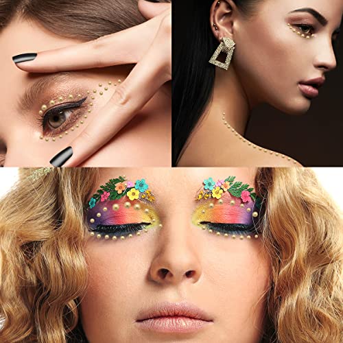 Face Pearl Gems Nail Rhinestone Stickers Makeup Diamonds Jewels for Eyes Hair Body Flat Pearls Temporary Tattoo Dots for Women 3D Self Adhesive Festival Bling Crystal 4 Sheets 2800 PCS (gold)