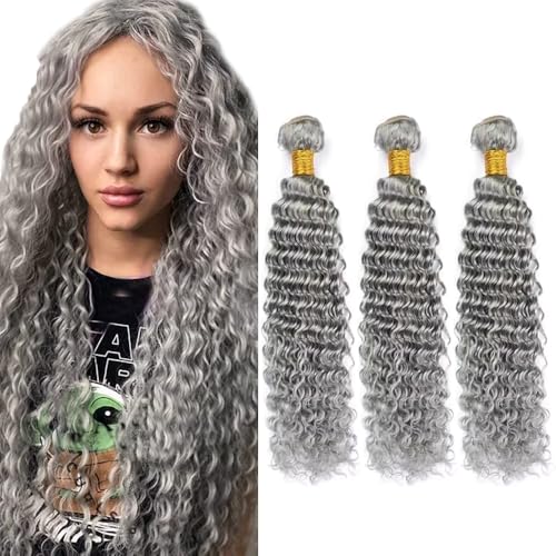 Gray Deep Wave Human Hair Bundles 20 22 24 Inch