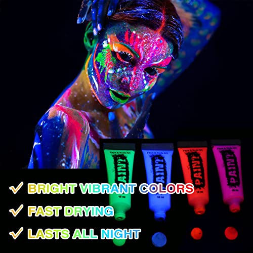 Glow in the Dark Face Body Paint,Washable Neon Face Body Paint,Black Light Face Makeup for Party Halloween Christmas Cosplay Masquerade Etc 0.48oz Set of 6 Tubes(6 colors)