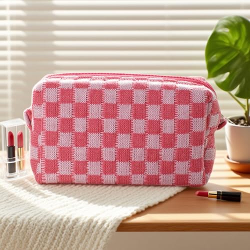 24 PACK Checkered Makeup Bags Bulk-Easter Gifts/Bulk Cosmetic Bags/Large Bridesmaid Gifts/Makeup Pouch for Wedding Party Favors Birthday/Teacher/Mothers Day Gifts/Toiletry Travel Bags(Pink)