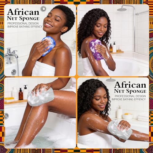 African Net Sponge 3-Pack - Deep Cleansing Exfoliating Body Scrubber in Yellow, Pink, Purple - Reusable Shower Sponge for All Skin Types