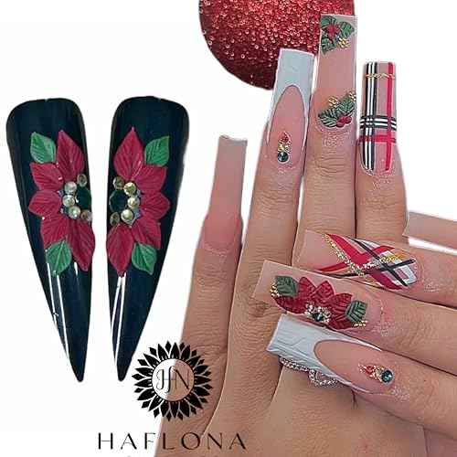 3D Acrylic Christmas Flower Nail Art Charms Handmade by Acrylic Powder - 24pcs Noel Flowers Nail Rhinestones Kit 3D Nails Design Xmas Nail Art for Women (Christmas Flowers 2-Medium & Long Size)