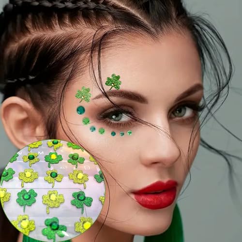 50pcs St. Patrick's Day Face Jewelry Green Shamrock Rhinestones Face Tattoo Sticker for Women and kids 3D self-adhesive Green Face Gems for Face Nail Makeup Decoration