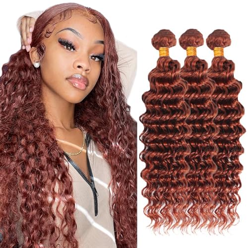 G33-Reddish Brown Deep Wave Hair Bundles 24/26/28 Inch Human Virgin Hair