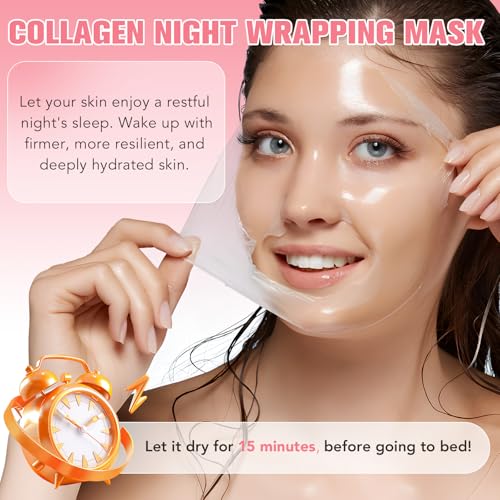 2 Pack Collagen Night Wrapping Mask with Brush 2.53 fl.oz, Collagen Overnight Peel Off Facial Mask, Hydrolyzed Collagen Face Mask, Reduces Sagging & Dullness - Hydrolyzed Face for Glowing Glass Skin