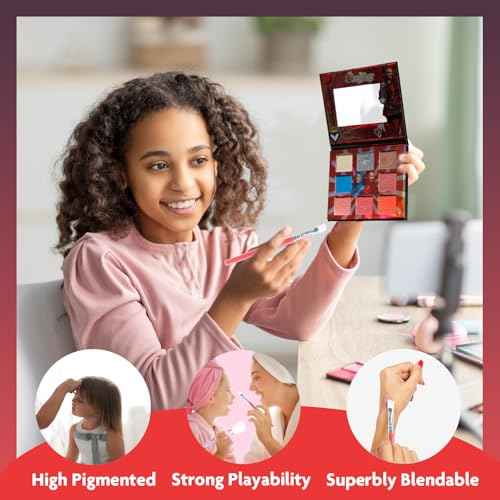 Descendants: The Rise of Red - 8 Well Eyeshadow Shimmer Palette with Mirror and brush, Shimmery and Opaque Colors, Pigmented Blendable for Girls Ages 8+, Perfect for Birthday, Parties by Townley Girl