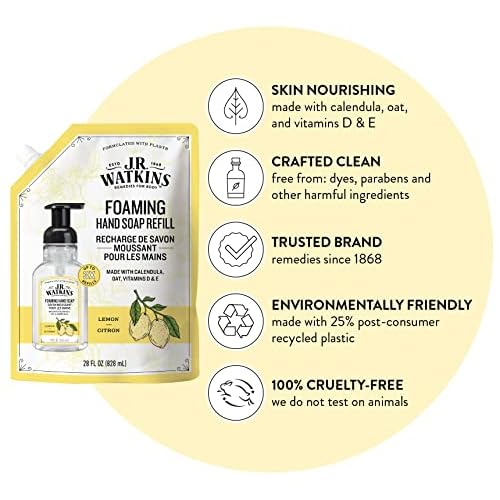 J.R. Watkins Foaming Hand Soap Refills, , Alcohol-Free Hand Wash, Cruelty-Free, , Moisturizing Hand Soap Refill for Bathroom or Kitchen, Lemon 28 fl oz Foam Soap Refill, 6 Pack