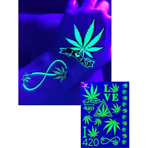 Temporary Blacklight tattoos- Neon Green Weed 420 leaf Design Body UV Blacklight Reactive Rave Festival Music EDC EDM Party Tattoo