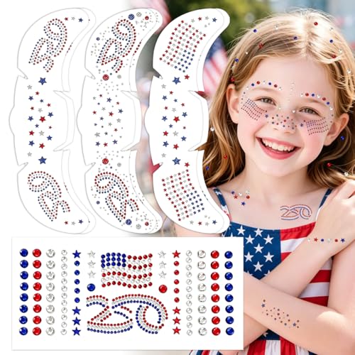4th of July Temporary Tattoos & Face Gems Set - 6 Pcs Glitter Stickers