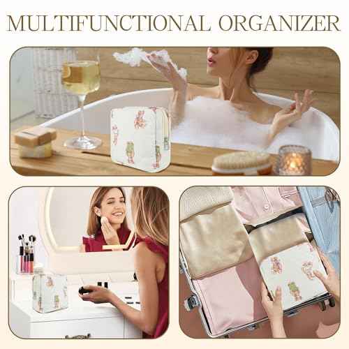 Small Floral Quilted Makeup Bag, Coquette Aesthetic Travel Toiletry Organizer for Women, Lightweight Cotton Cosmetic Pouch