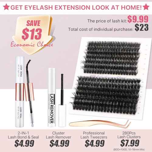 Fluffy Lash Extension Kit 280Pcs Thick Eyelash Extension Kit 80D 100D Mix 10-18mm Volume Cluster Lashes with Bond and Seal Tweezers Cluster Remover